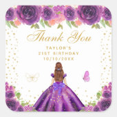 Paarse Bloemen Bruin Haar Prinses Verjaardagsfeest Vierkante Sticker (Voorkant)