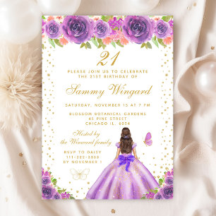 Paarse Bloemen Brunette Haar Prinses Verjaardag Kaart