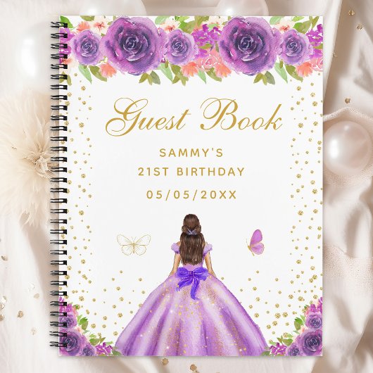 Paarse Bloemen Brunette Hair Princess Gastenboek Notitieboek