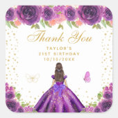Paarse Bloemen Brunette Prinses Verjaardagsfeest Vierkante Sticker (Voorkant)