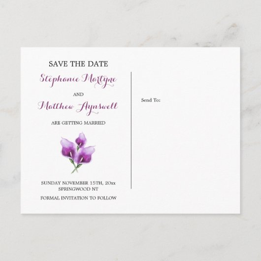 Paarse Bloemen Calla Bruiloft Save The Date Aankondigingskaart (Achterkant)