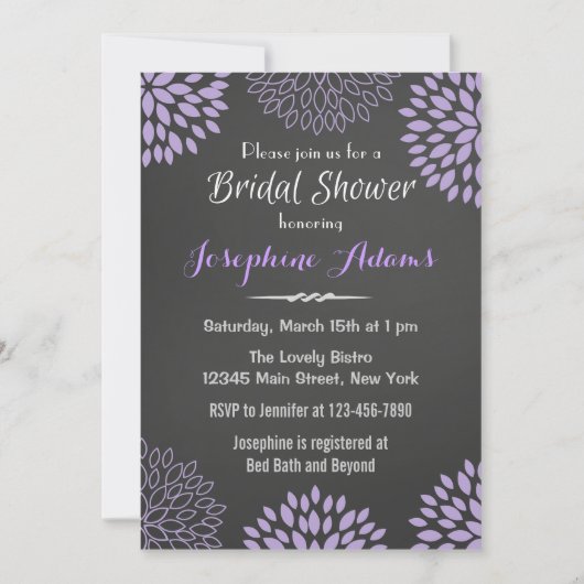 Paarse Bloemen Chalkboard Bridal Shower Invitation Kaart (Voorkant)