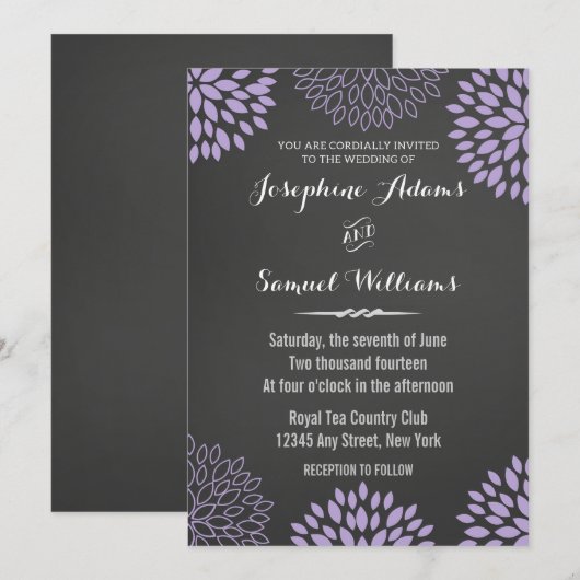 Paarse Bloemen Chalkboard bruiloft uitnodiging (Voorkant / Achterkant)