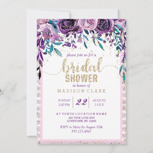 Paarse Bloemen Champagne Bridal Shower Invitation Kaart (Voorkant)