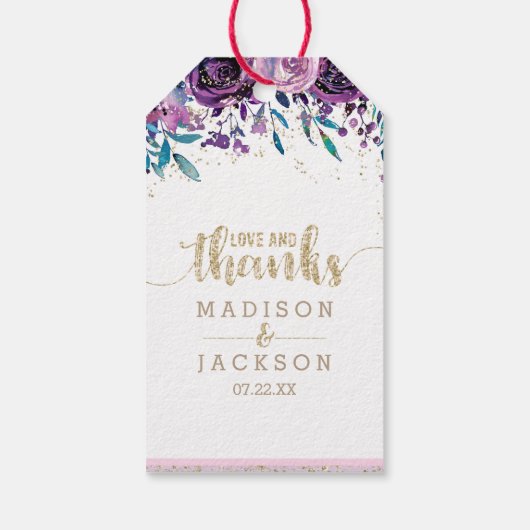 Paarse Bloemen Champagne Goud Bruiloft Liefde & Be Cadeaulabel (Achterkant)