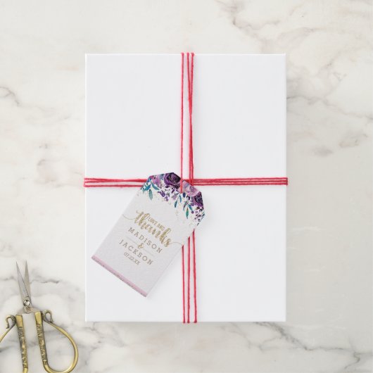 Paarse Bloemen Champagne Goud Bruiloft Liefde & Be Cadeaulabel (Met Touw)