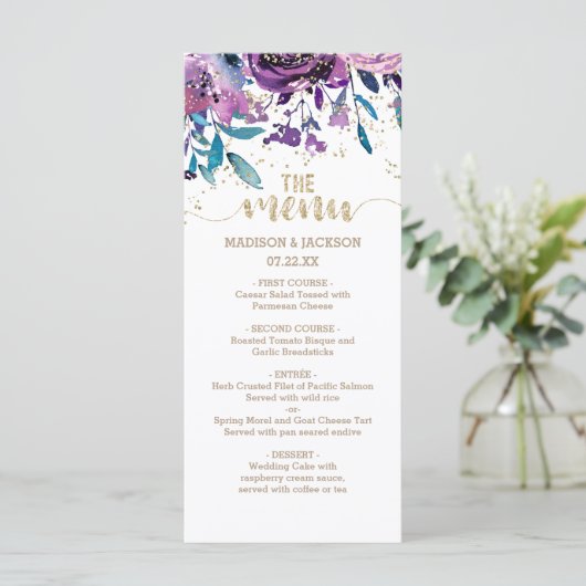 Paarse Bloemen Champagne Goud Confetti Bruiloft Me Menu (Staand voorkant)