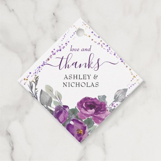 Paarse Bloemen Confetti en Elegant Script Bedankjes Labels (Voorkant)