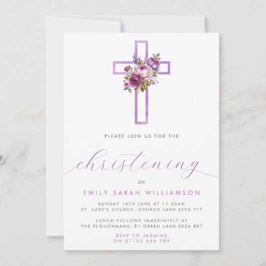 Paarse Bloemen Cross Modern Script doopschrift Kaart (Voorkant)