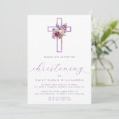 Paarse Bloemen Cross Modern Script doopschrift Kaart (Staand voorkant)