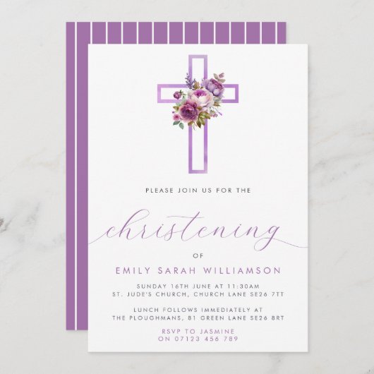 Paarse Bloemen Cross Modern Script doopschrift Kaart (Voorkant / Achterkant)