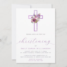 Paarse Bloemen Cross Modern Script doopschrift Kaart
