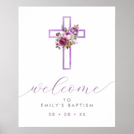 Paarse Bloemen Cross Modern Script Welkom Poster