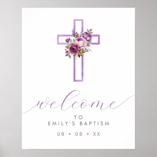 Paarse Bloemen Cross Modern Script Welkom Poster (Voorkant)