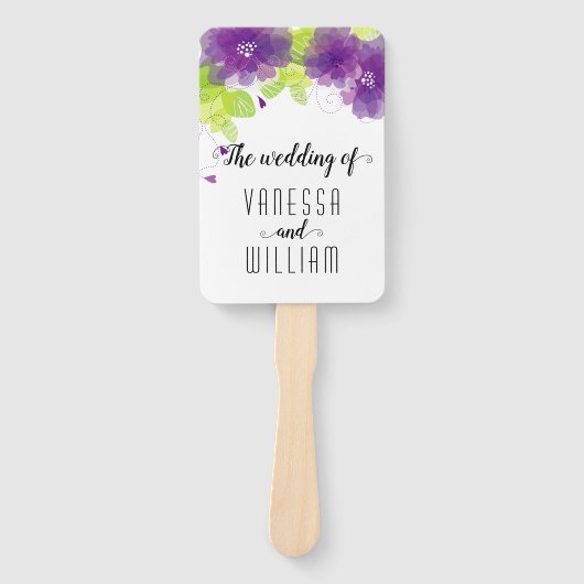 Paarse bloemen cursief script bruiloft programma handwaaier (Voorkant)