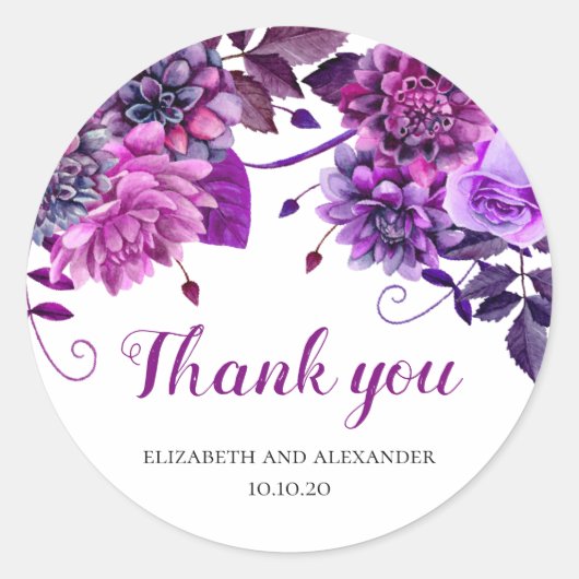 Paarse bloemen dank je. Violet Bloemen bruiloft Ronde Sticker (Voorkant)