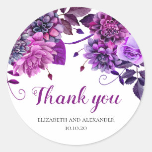 Paarse bloemen dank je. Violet bloemige bruiloft Ronde Sticker