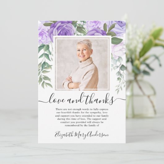 Paarse Bloemen Dank u Bereavement Foto Bedankkaart (Staand voorkant)
