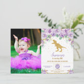 Paarse Bloemen Dinosaurus Verjaardag Meisje T-Rex Kaart (Staand voorkant)