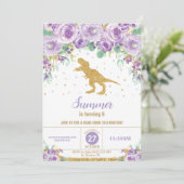 Paarse Bloemen Dinosaurus Verjaardagsfeest Meisje  Kaart (Staand voorkant)