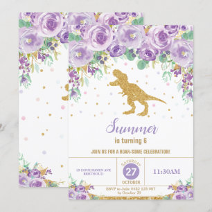 Paarse Bloemen Dinosaurus Verjaardagsfeest Meisje Kaart