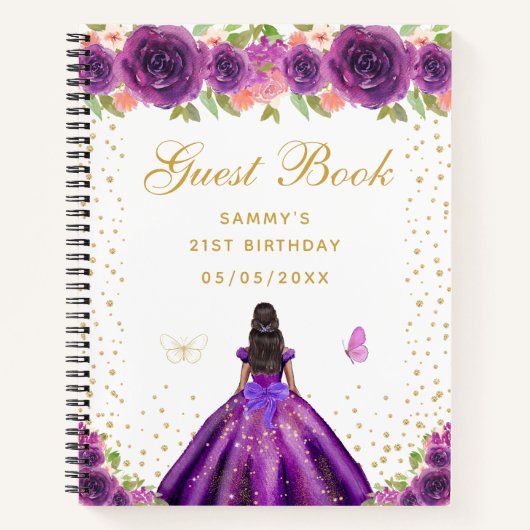 Paarse Bloemen Donkere Huid Prinses Gastenboek Notitieboek (Voorkant)