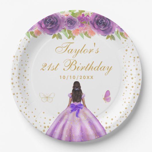 Paarse Bloemen Donkere Huid Prinses Verjaardagsfee Papieren Bordje (Voorkant)
