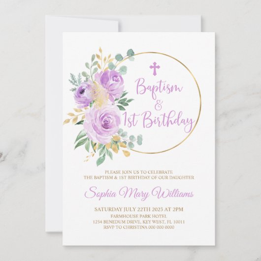 Paarse bloemen doop & eerste verjaardag kaart (Voorkant)
