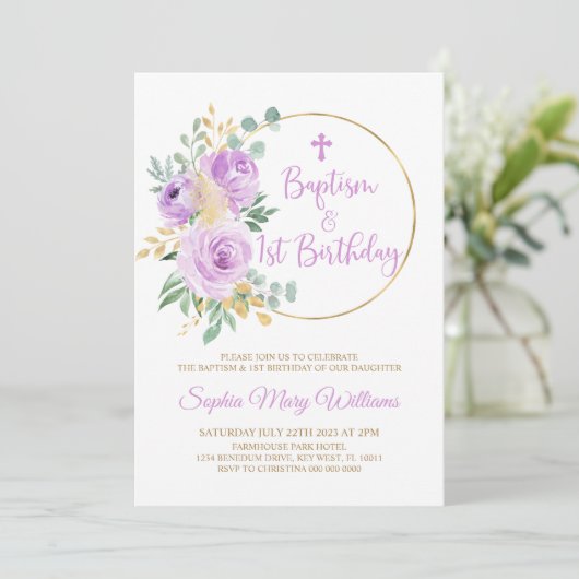 Paarse bloemen doop & eerste verjaardag kaart (Staand voorkant)