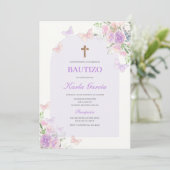 Paarse Bloemen Doop Spaans Uitnodiging (Staand voorkant)