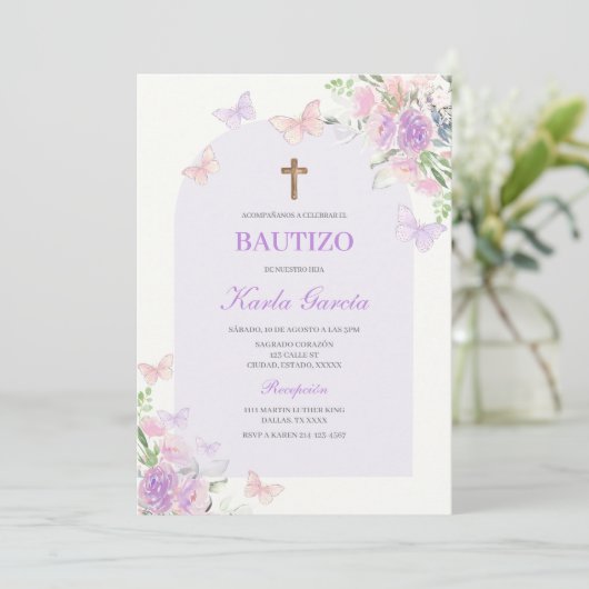 Paarse Bloemen Doop Spaans Uitnodiging (Staand voorkant)