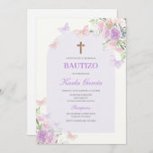 Paarse Bloemen Doop Spaans Uitnodiging (Voorkant / Achterkant)