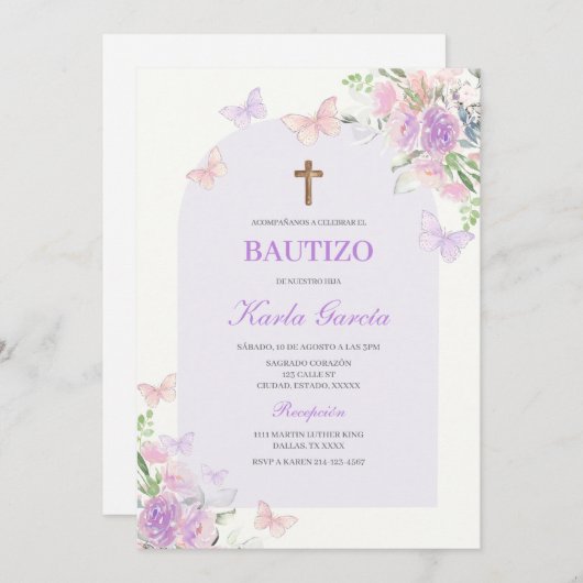 Paarse Bloemen Doop Spaans Uitnodiging (Voorkant / Achterkant)