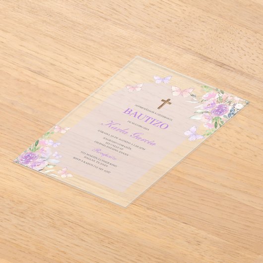 Paarse Bloemen Doop Spaans Uitnodiging (Laagn)