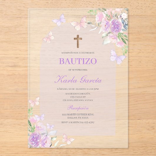 Paarse Bloemen Doop Spaans Uitnodiging (Voorkant)