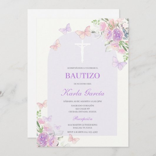 Paarse Bloemen Doop Spaans Uitnodiging (Voorkant / Achterkant)