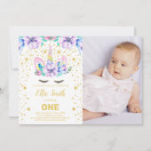 Paarse Bloemen Eenhoorn Verjaardagsuitnodiging met Kaart (Voorkant)