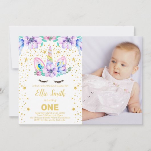 Paarse Bloemen Eenhoorn Verjaardagsuitnodiging met Kaart (Voorkant)