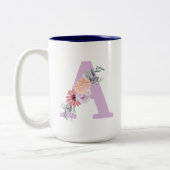 Paarse Bloemen Eenvoudige Minimale Monogram Koffie Tweekleurige Koffiemok (Links)