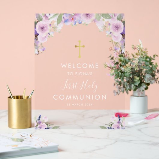 Paarse bloemen eerste communie welkom acryl bord (Huwelijk)