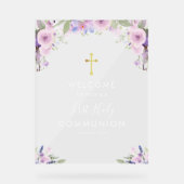 Paarse bloemen eerste communie welkom acryl bord (Voorkant)