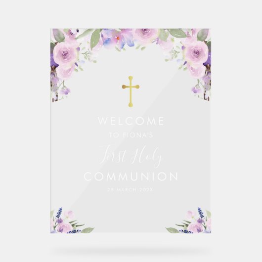 Paarse bloemen eerste communie welkom acryl bord (Voorkant)