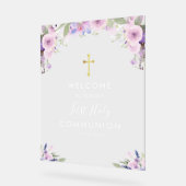 Paarse bloemen eerste communie welkom acryl bord (Hoek)