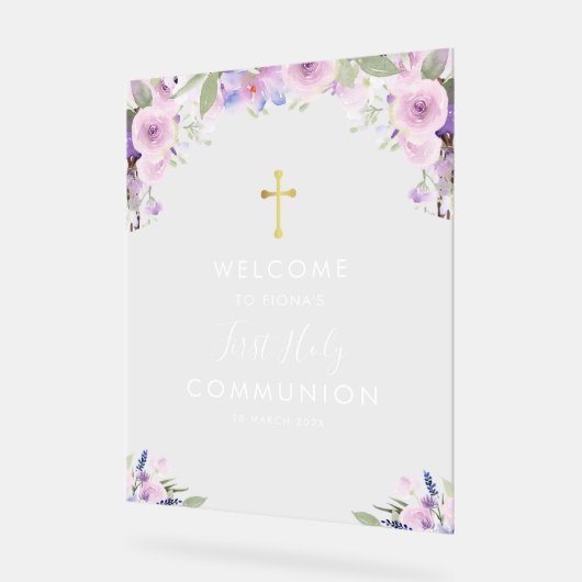 Paarse bloemen eerste communie welkom acryl bord (Hoek)