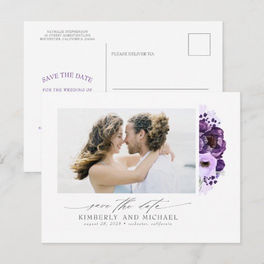 Paarse bloemen Elegant Modern Save the Date Foto Aankondigingskaart (Voorkant / Achterkant)