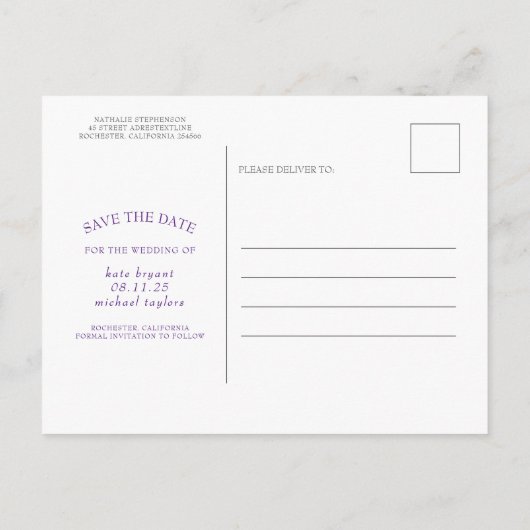 Paarse bloemen Elegant Modern Save the Date Foto Aankondigingskaart (Achterkant)