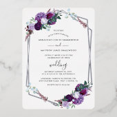 Paarse Bloemen Elegant Roos Goud Bruiloft Zilver Folie Uitnodiging (Voorkant)