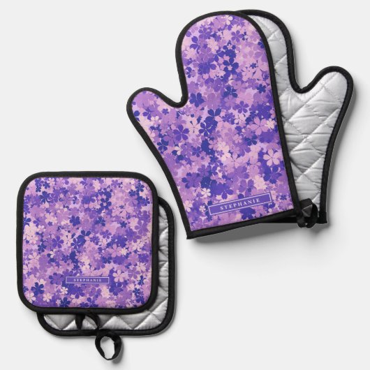 Paarse Bloemen Elegant Violet Bloesempatroon Ovenwant & Pannenlap Set (Voorkant / Achterkant)