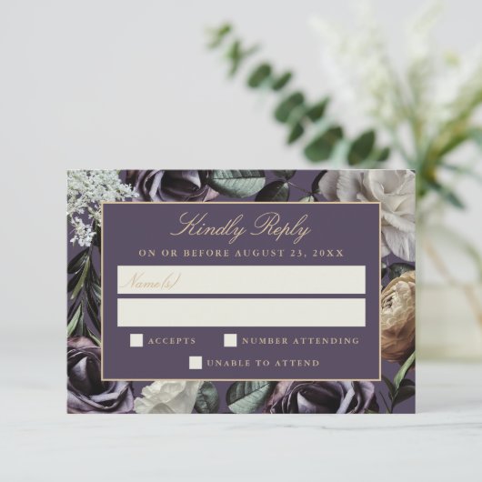 Paarse Bloemen Elegante Dark Moody Wedding RSVP (Staand voorkant)