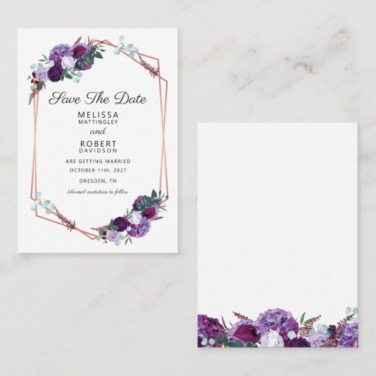 Paarse Bloemen Elegante Huwelijk Save the Date Visitekaartje (Voorkant / Achterkant)